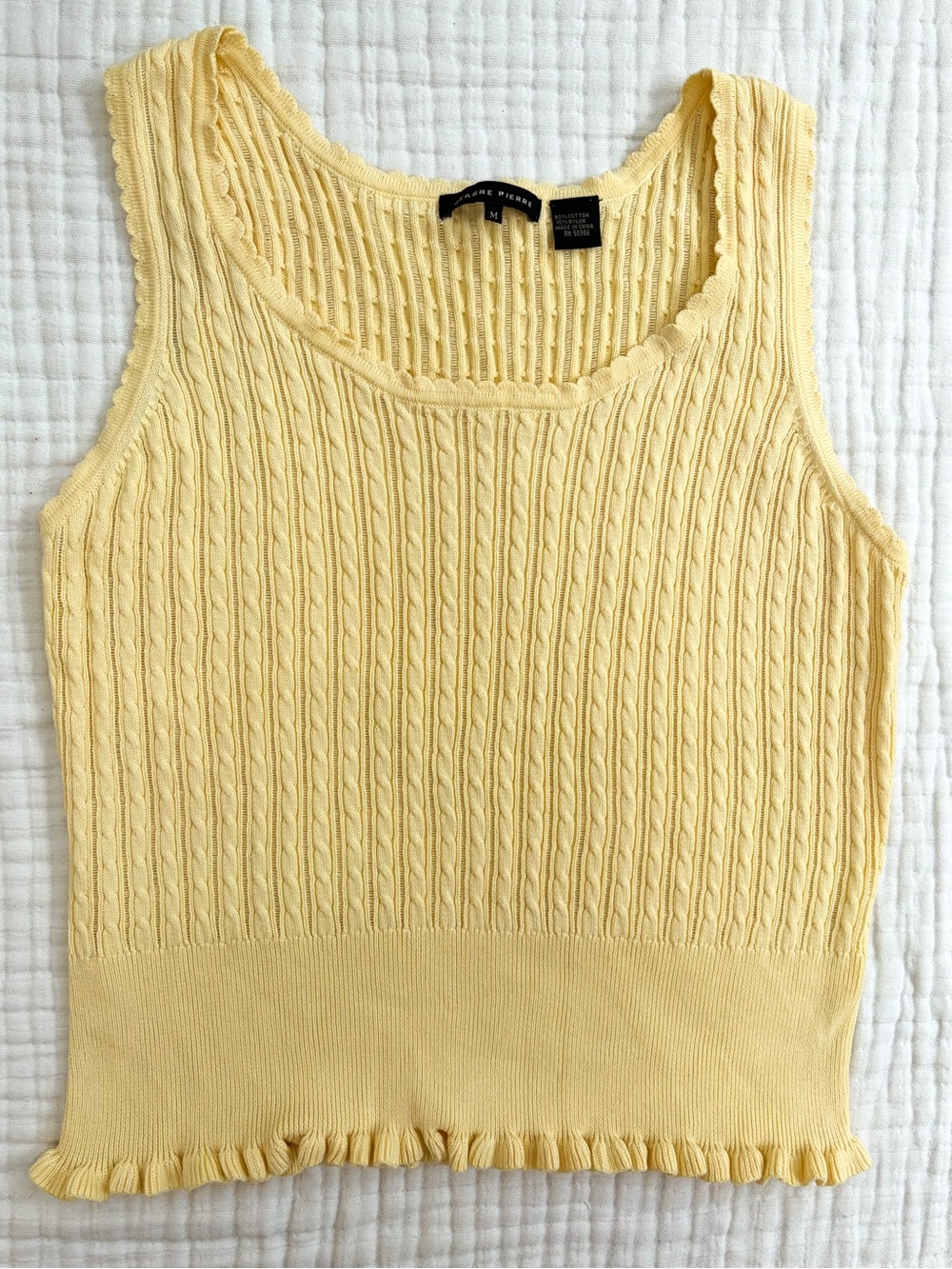 Jeanne Pierre Butter Yellow Cable Knit Sweater Tank Top Ruffle Hem Cottagecore M